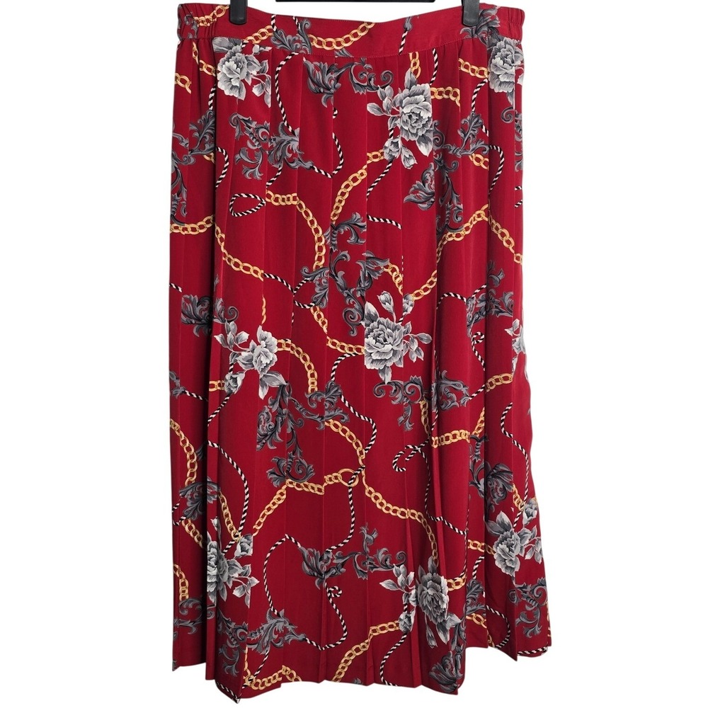 Stephanie K Women's XL Pleated Skirt Red Floral Chain‎ Print Midi